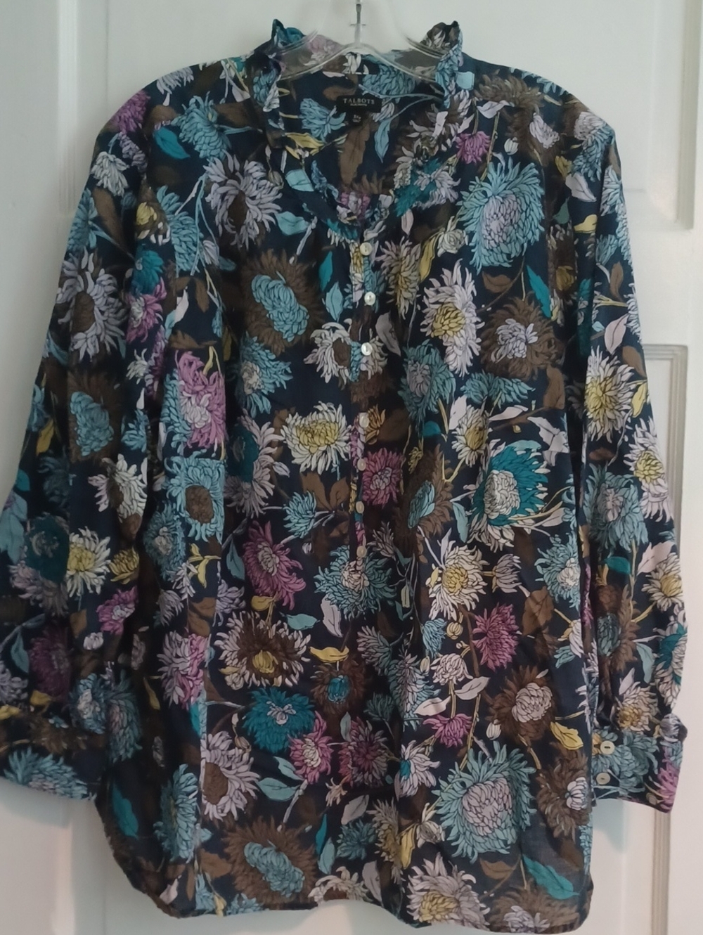 Talbots floral cotton blouse 3XP plus petite ruffle collar long sl. popover top